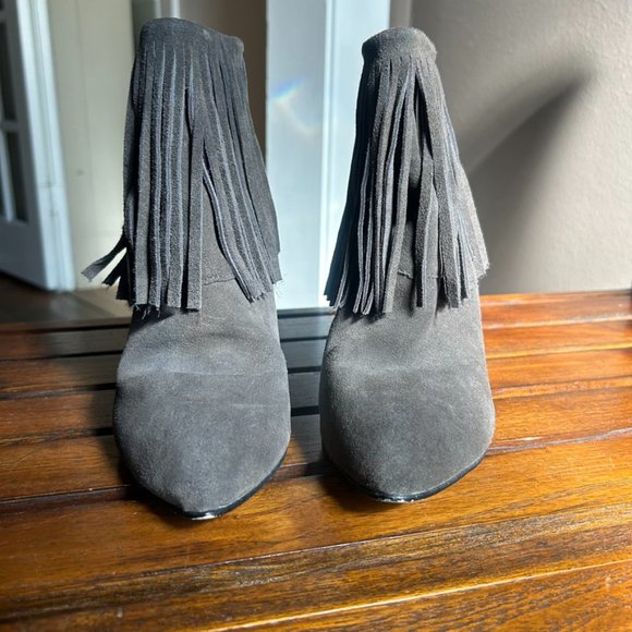 CHINESE LAUNDRY Arctic Fringe Suede Smoke Gray Wedge Ankle Booties - Picture 7 of 8